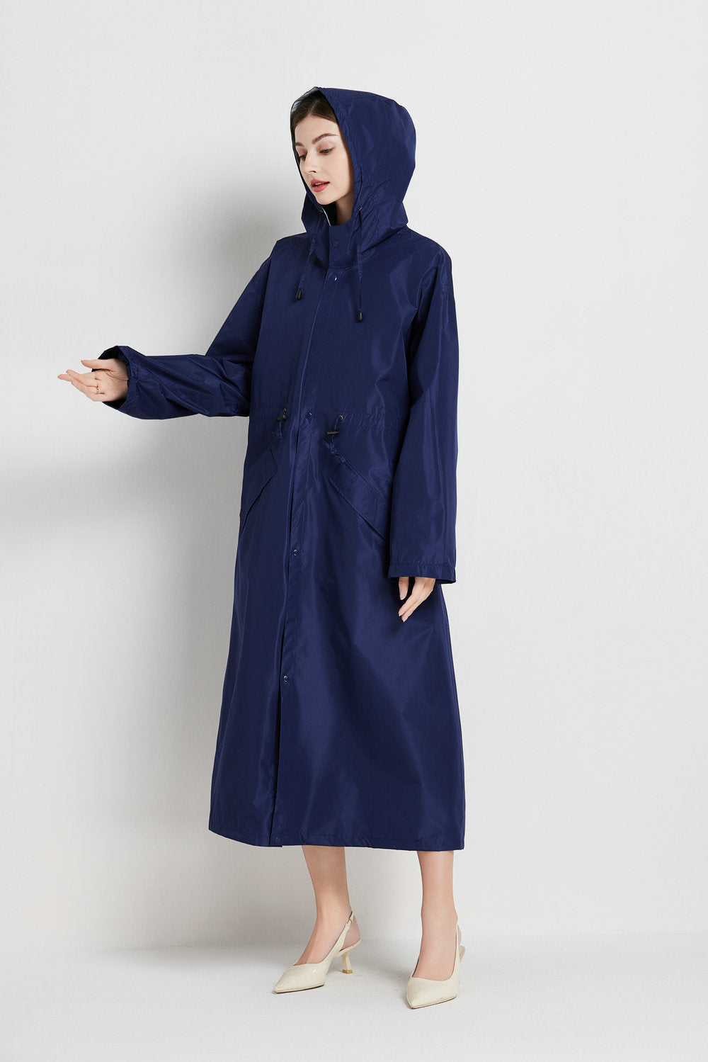 Size XL Dark Blue Women's Chic Lightweight Waterproof Raincoat - Long Hooded Packable Rain Jacket with Pouch V888-ELOSUNG32633