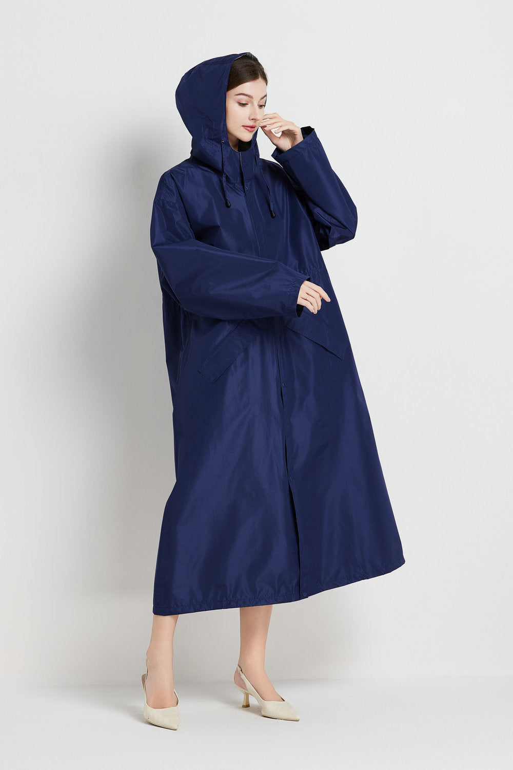 Size XL Dark Blue Women's Chic Lightweight Waterproof Raincoat - Long Hooded Packable Rain Jacket with Pouch V888-ELOSUNG32633