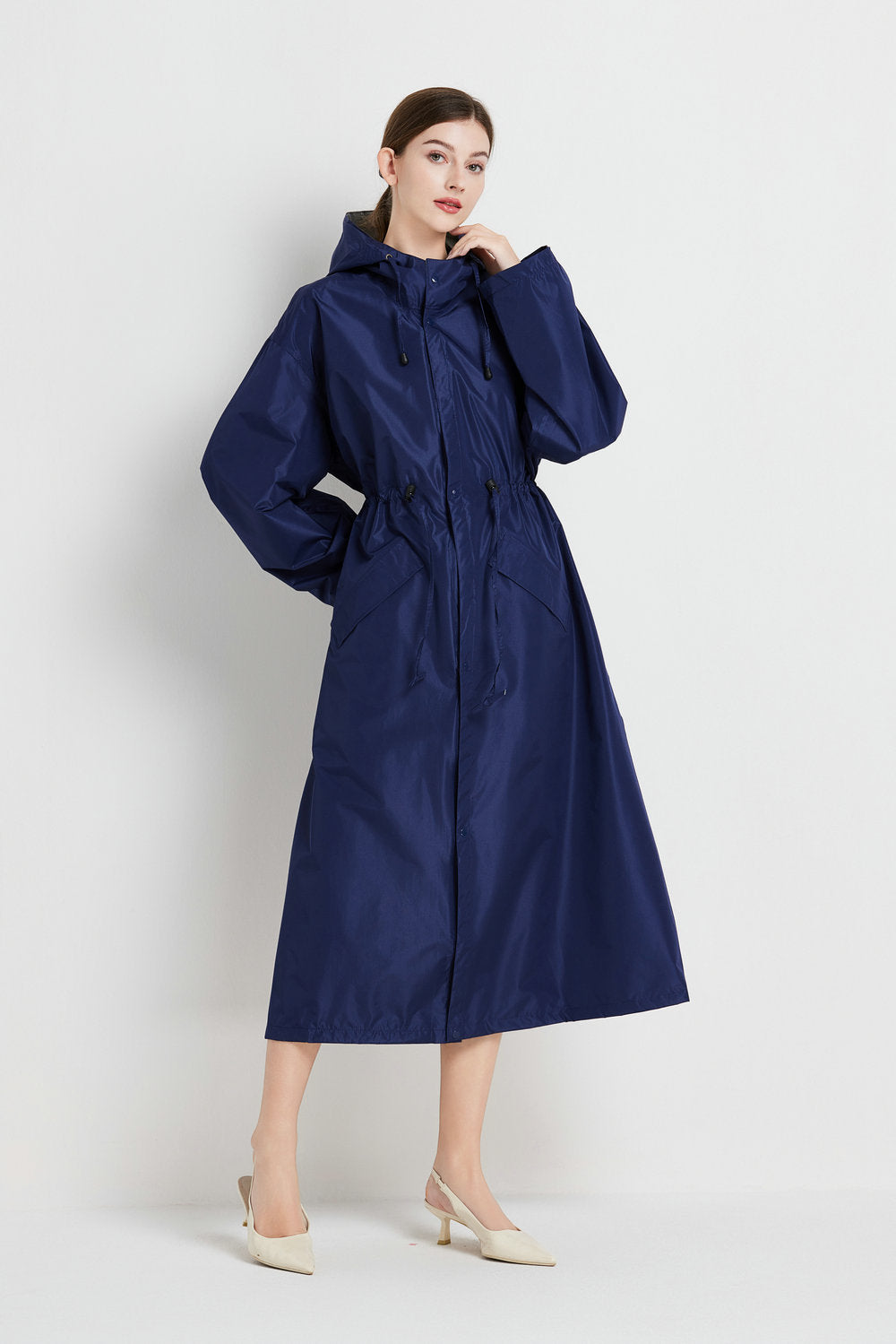 Size XL Dark Blue Women's Chic Lightweight Waterproof Raincoat - Long Hooded Packable Rain Jacket with Pouch V888-ELOSUNG32633