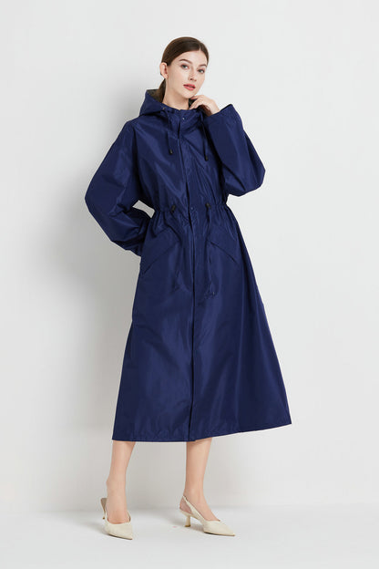 Size XL Dark Blue Women's Chic Lightweight Waterproof Raincoat - Long Hooded Packable Rain Jacket with Pouch V888-ELOSUNG32633