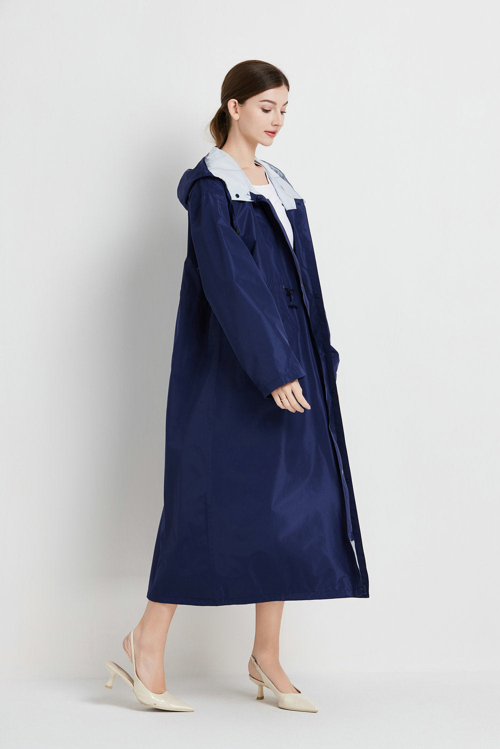 Size XL Dark Blue Women's Chic Lightweight Waterproof Raincoat - Long Hooded Packable Rain Jacket with Pouch V888-ELOSUNG32633
