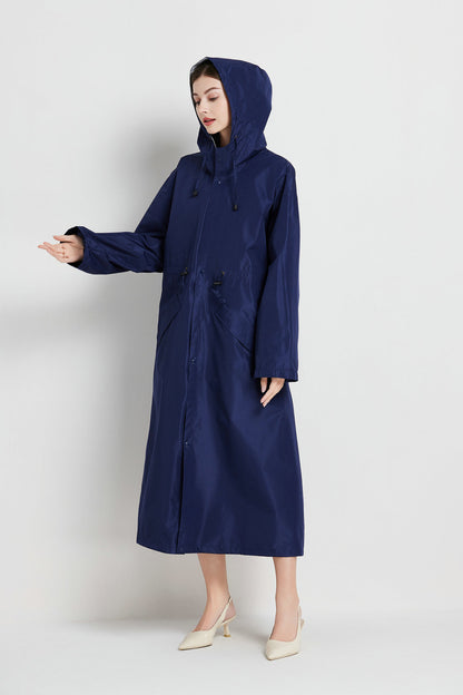 Size L Dark Blue Women's Chic Lightweight Waterproof Raincoat - Long Hooded Packable Rain Jacket with Pouch V888-ELOSUNG32634