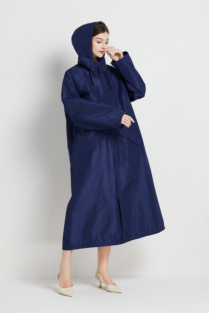 Size L Dark Blue Women's Chic Lightweight Waterproof Raincoat - Long Hooded Packable Rain Jacket with Pouch V888-ELOSUNG32634