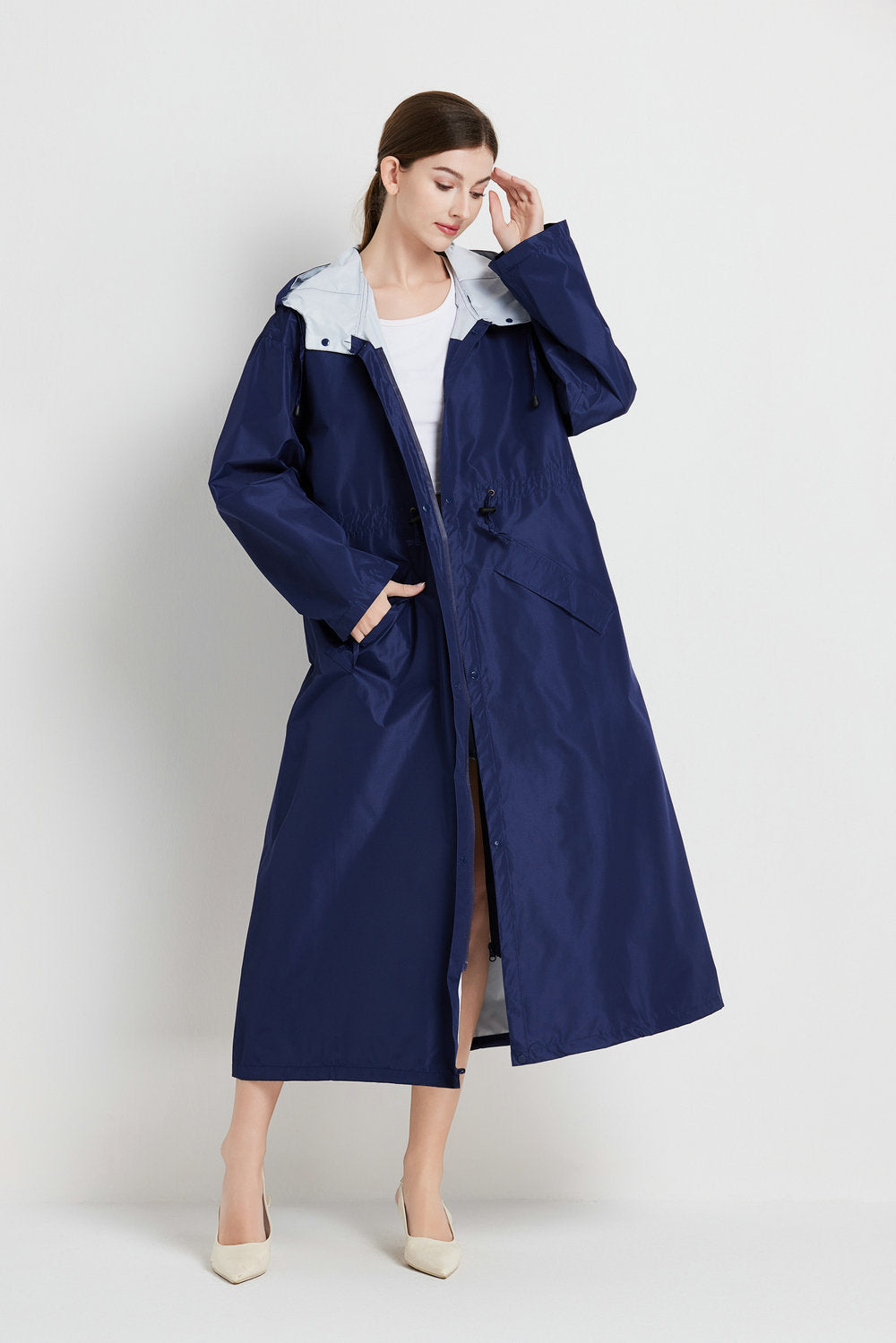 Size L Dark Blue Women's Chic Lightweight Waterproof Raincoat - Long Hooded Packable Rain Jacket with Pouch V888-ELOSUNG32634