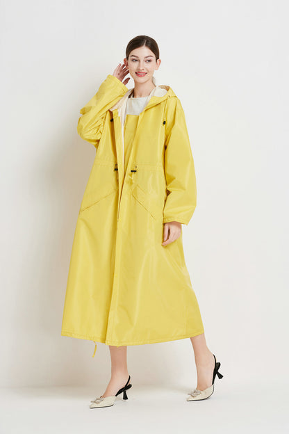 Size L Yellow Women's Chic Lightweight Waterproof Raincoat - Long Hooded Packable Rain Jacket with Pouch V888-ELOSUNG32644