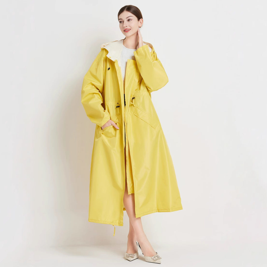 Size L Yellow Women's Chic Lightweight Waterproof Raincoat - Long Hooded Packable Rain Jacket with Pouch V888-ELOSUNG32644