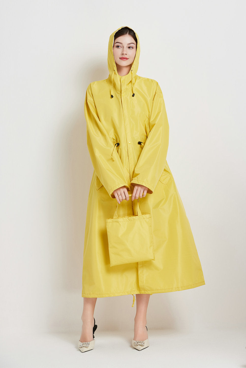 Size XL Yellow Women's Chic Lightweight Waterproof Raincoat - Long Hooded Packable Rain Jacket with Pouch V888-ELOSUNG32645