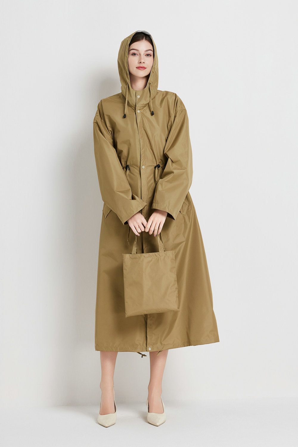 Size M Brown Women's Chic Lightweight Waterproof Raincoat - Long Hooded Packable Rain Jacket with Pouch V888-ELOSUNG32646