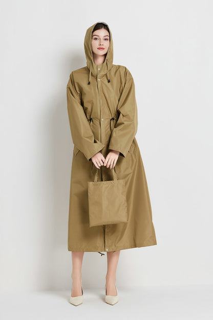 Size M Brown Women's Chic Lightweight Waterproof Raincoat - Long Hooded Packable Rain Jacket with Pouch V888-ELOSUNG32646
