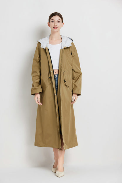 Size L Brown Women's Chic Lightweight Waterproof Raincoat - Long Hooded Packable Rain Jacket with Pouch V888-ELOSUNG32647