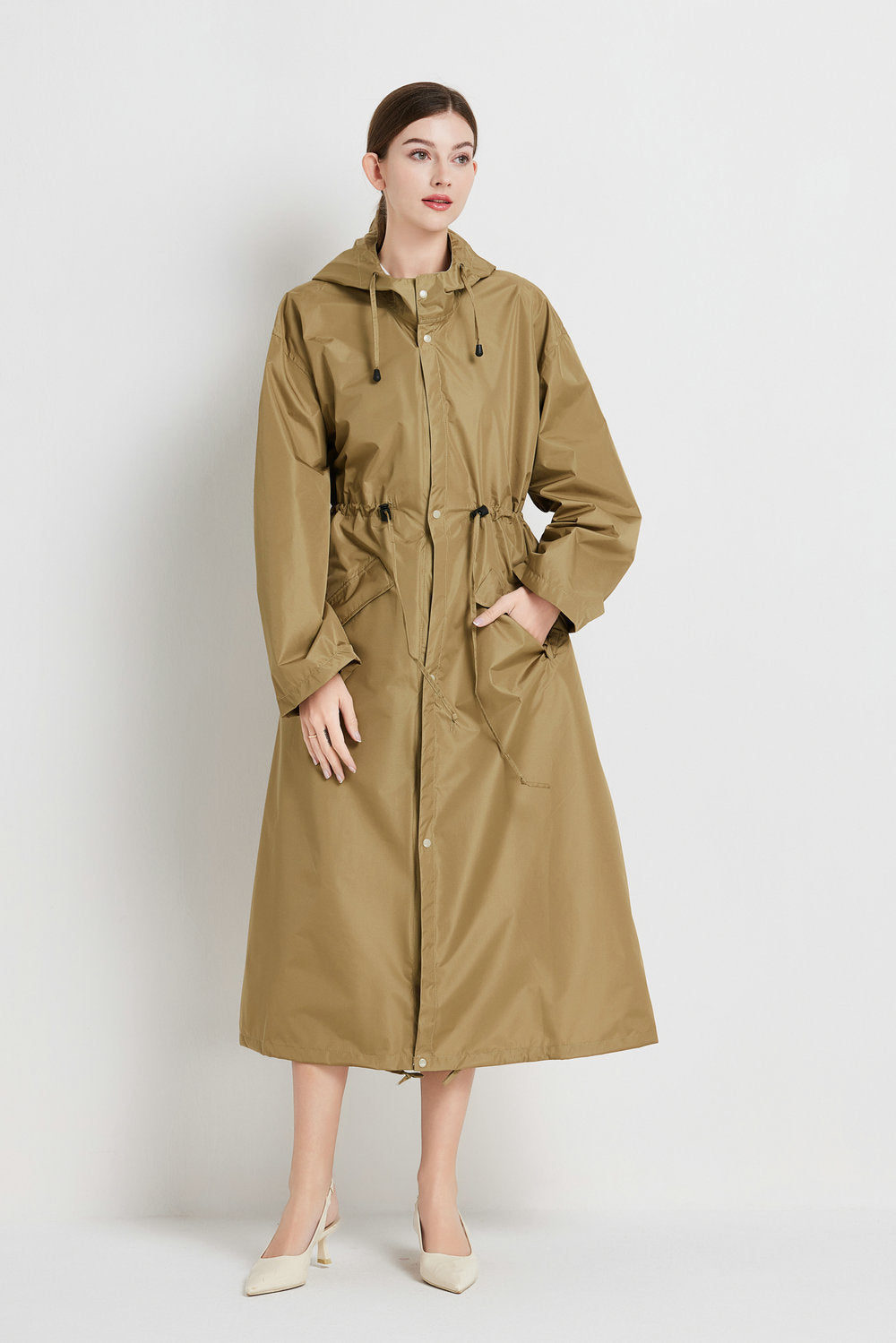 Size XL Brown Women's Chic Lightweight Waterproof Raincoat - Long Hooded Packable Rain Jacket with Pouch V888-ELOSUNG32648
