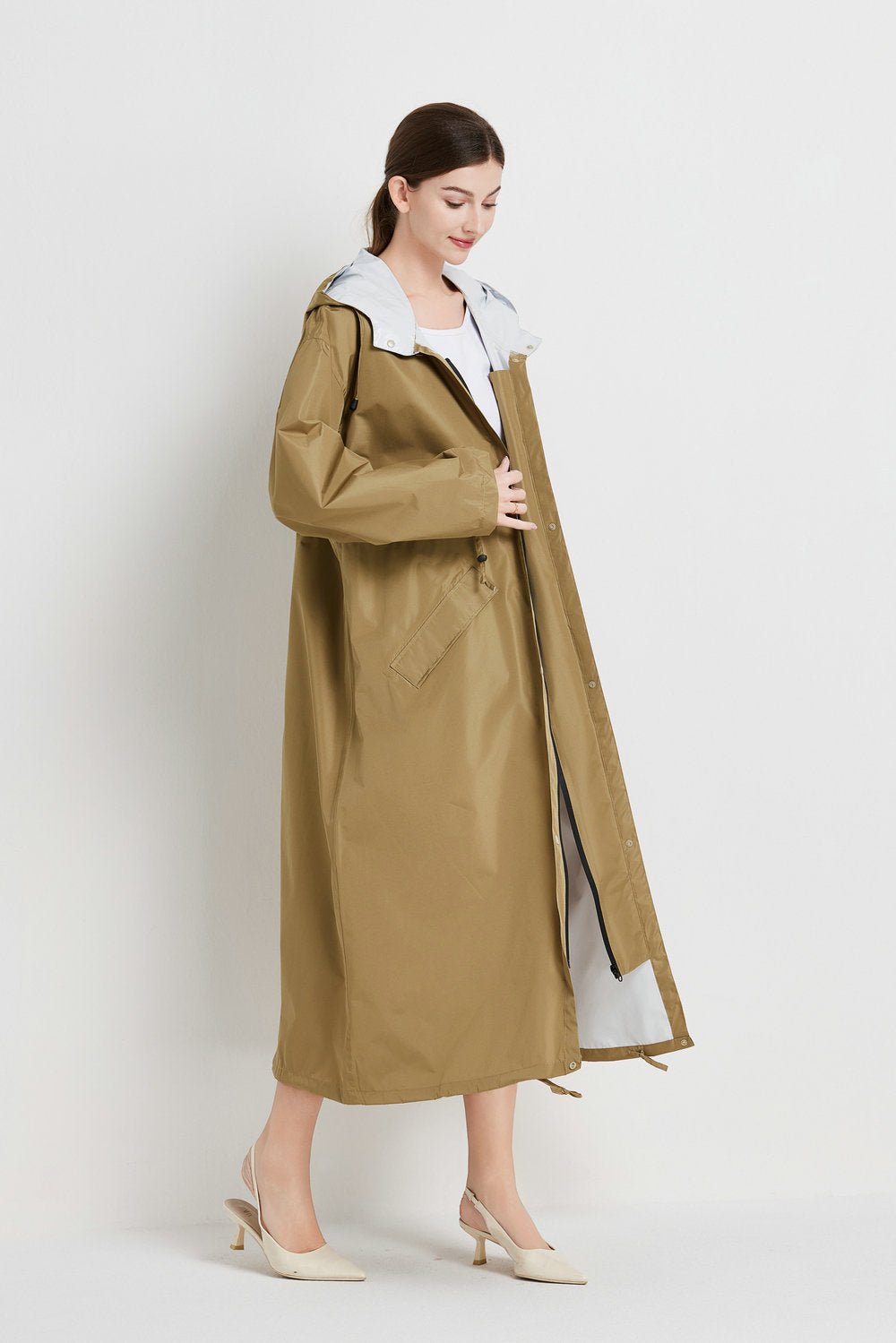 Size XL Brown Women's Chic Lightweight Waterproof Raincoat - Long Hooded Packable Rain Jacket with Pouch V888-ELOSUNG32648