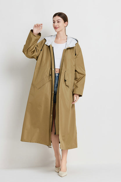 Size XL Brown Women's Chic Lightweight Waterproof Raincoat - Long Hooded Packable Rain Jacket with Pouch V888-ELOSUNG32648