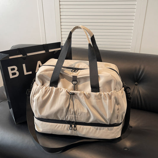 Beige and Black Large Capacity Travel Bag with Wet/Dry Separation - Canvas + Polyester, Lightweight Handbag V888-ELOSUNG32657