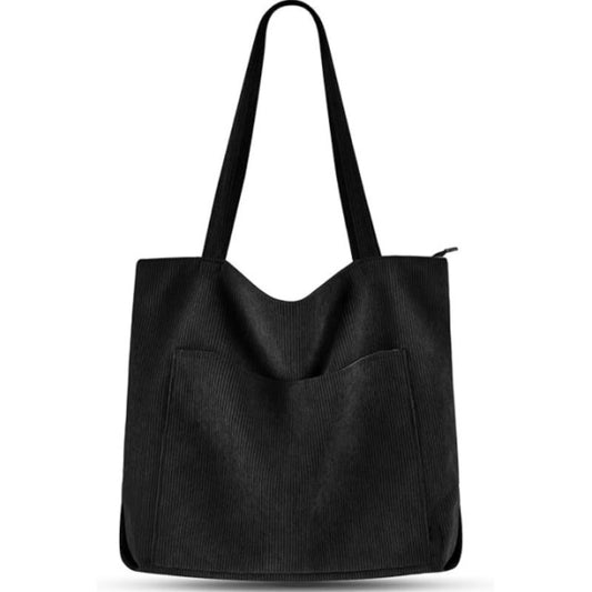 Black Stylish Corduroy Canvas Tote Bag - Fashionable and Retro Shoulder Bag V888-ELOSUNG32662