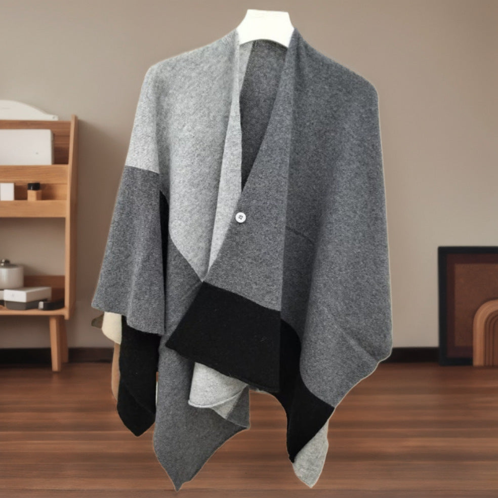 Grey Pure Wool Extra Large Shawl Scarf Color Block Multi-functional Warm Cashmere Cape Poncho V888-ELOSUNG32678