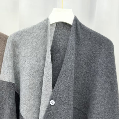 Grey Pure Wool Extra Large Shawl Scarf Color Block Multi-functional Warm Cashmere Cape Poncho V888-ELOSUNG32678