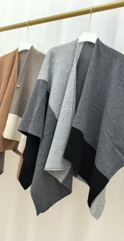 Grey Pure Wool Extra Large Shawl Scarf Color Block Multi-functional Warm Cashmere Cape Poncho V888-ELOSUNG32678