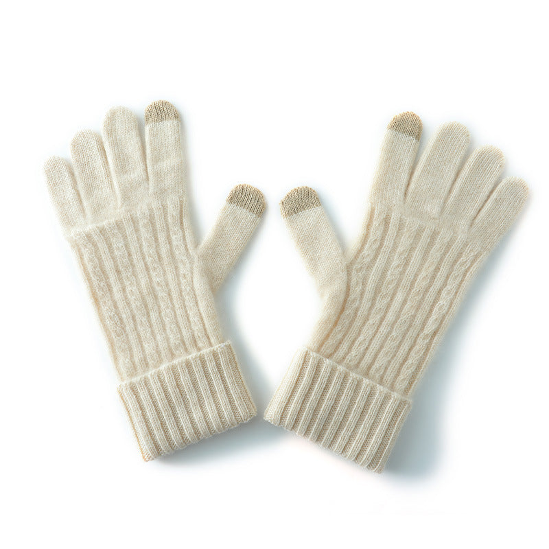 Beige Unisex Touchscreen Ribbed Warm Cycling Windproof Knitted Five-finger Gloves V888-ELOSUNG32679