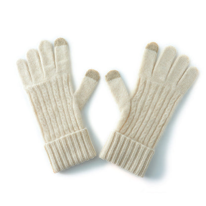 Beige Unisex Touchscreen Ribbed Warm Cycling Windproof Knitted Five-finger Gloves V888-ELOSUNG32679