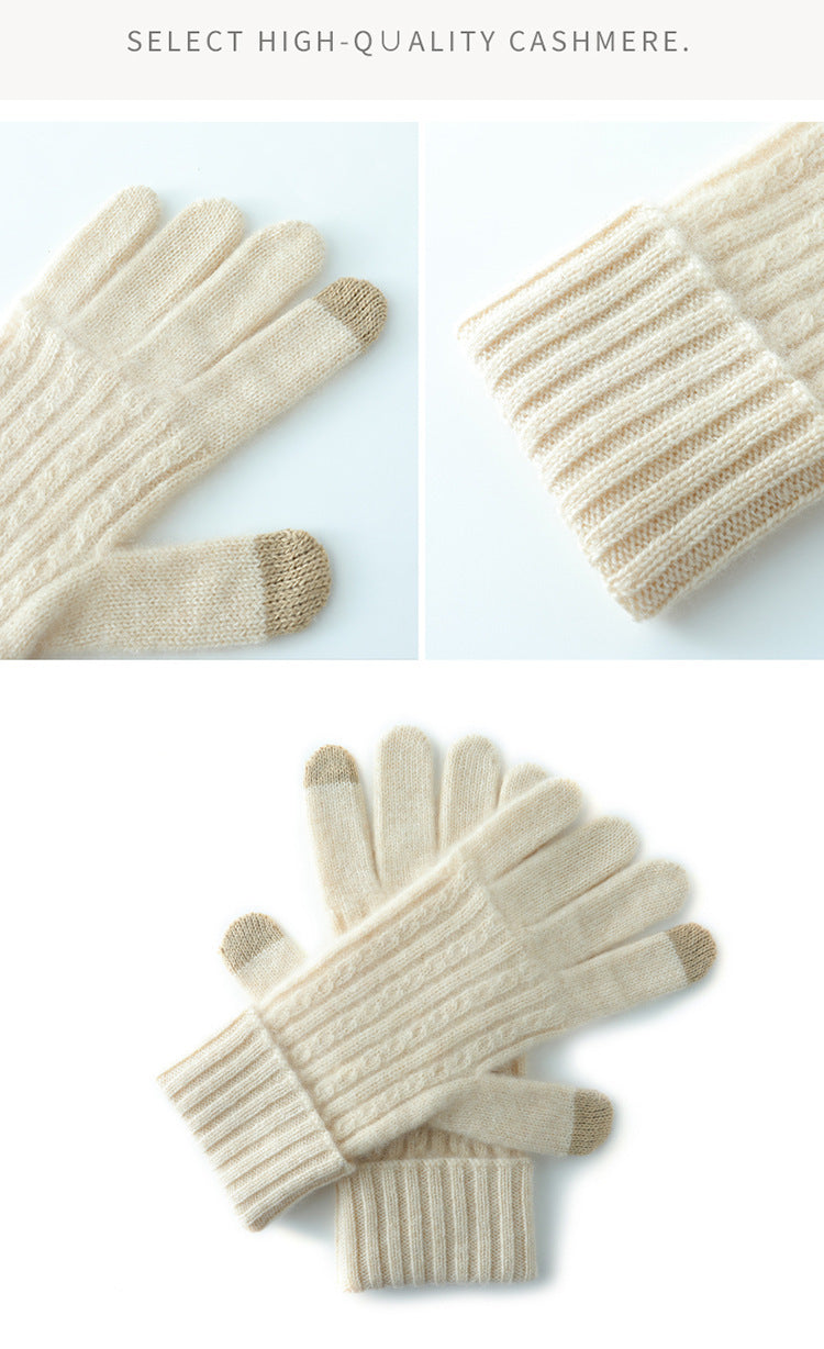 Beige Unisex Touchscreen Ribbed Warm Cycling Windproof Knitted Five-finger Gloves V888-ELOSUNG32679