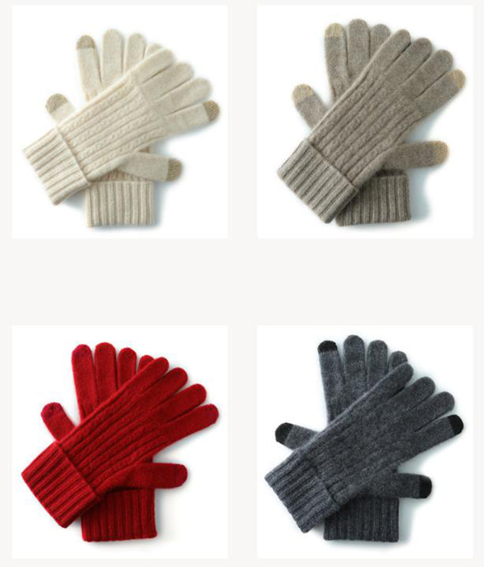 Beige Unisex Touchscreen Ribbed Warm Cycling Windproof Knitted Five-finger Gloves V888-ELOSUNG32679