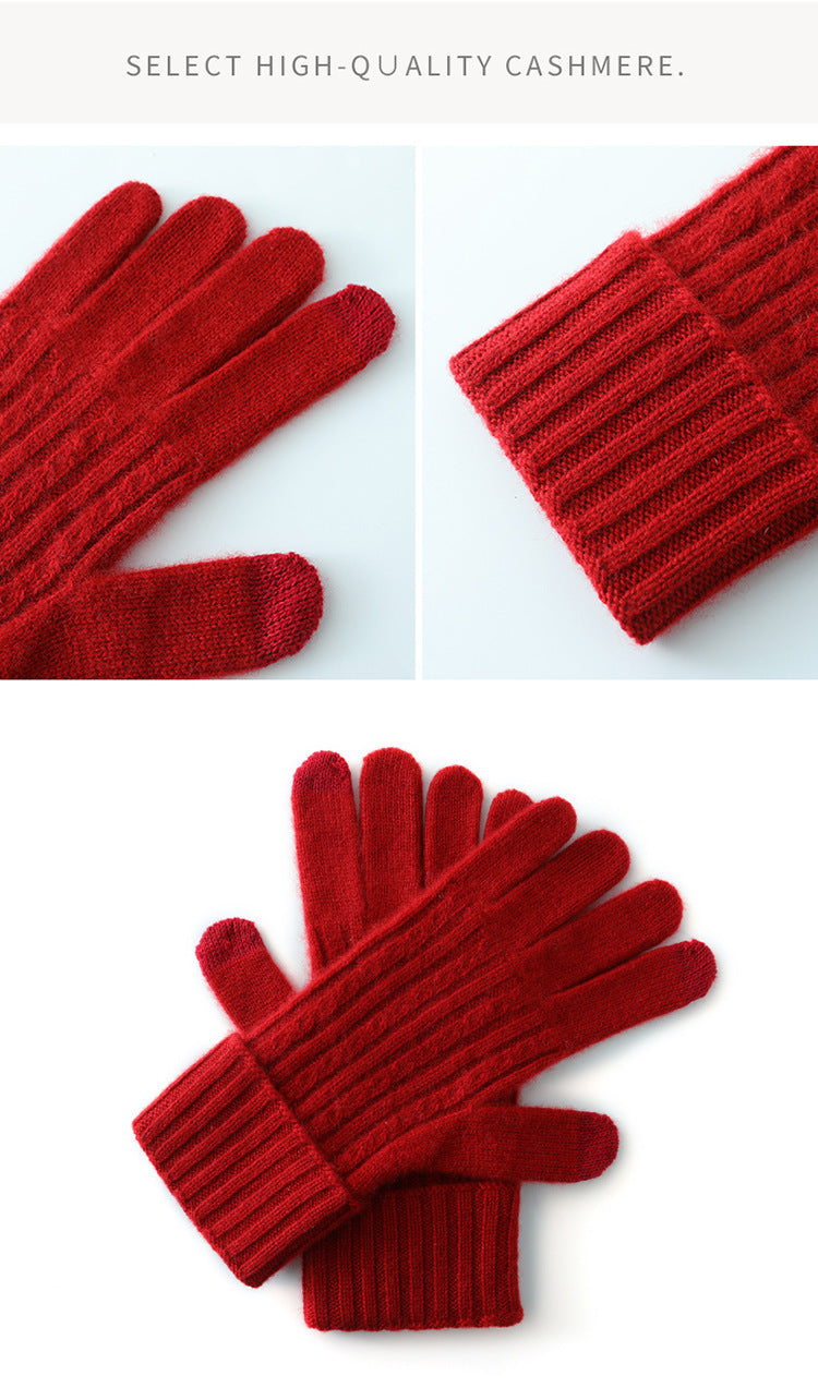 Red Unisex Touchscreen Ribbed Warm Cycling Windproof Knitted Five-finger Gloves V888-ELOSUNG32681