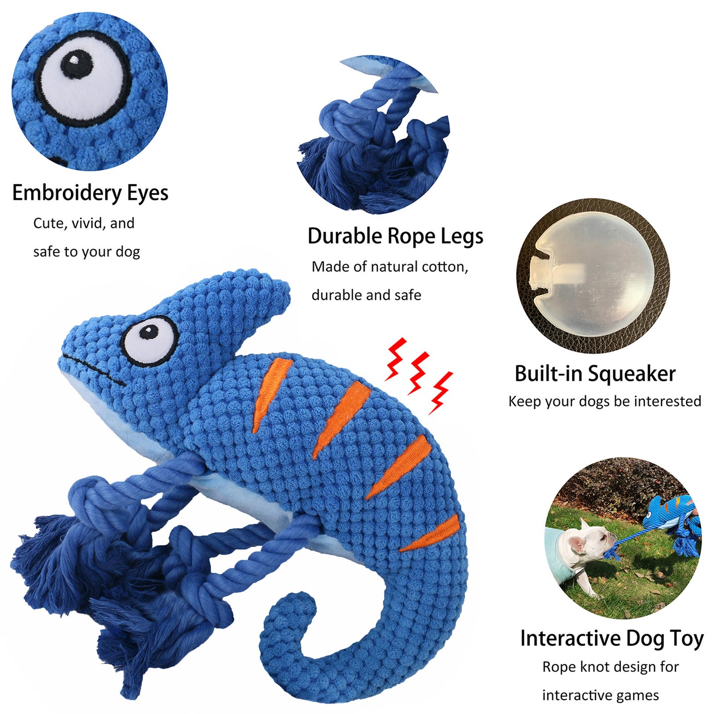 2 Pcs Blue Interactive Plush Chameleon Dog Toy with Squeaker & Rope Legs - Durable Chew Toy for Medium/Large V888-ELOSUNG32700