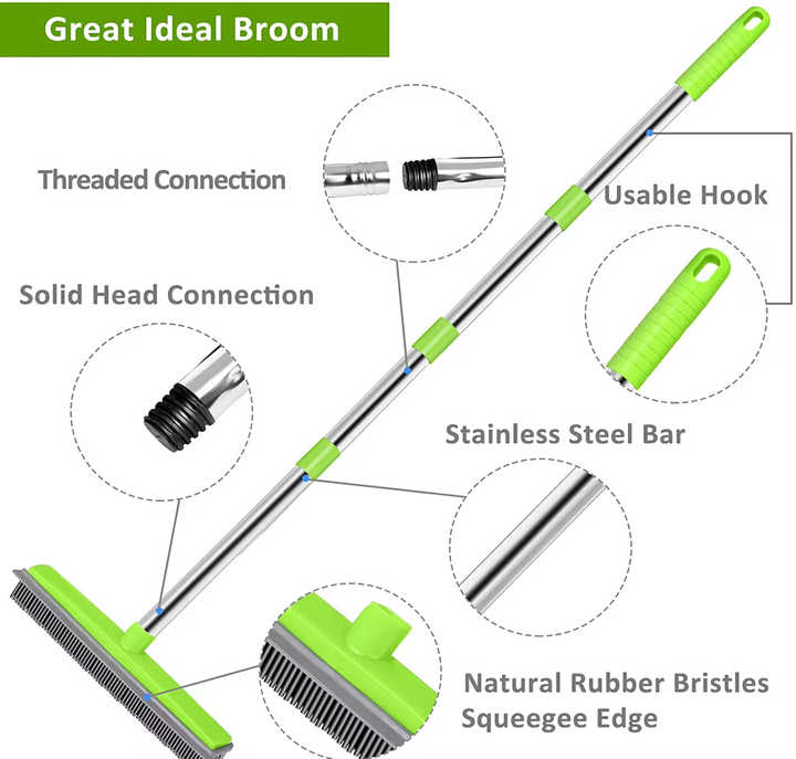 Blue and Silver Versatile Pet Hair Remover Rubber Broom & Squeegee - 125cm Adjustable Stainless Steel Handle V888-ELOSUNG32717