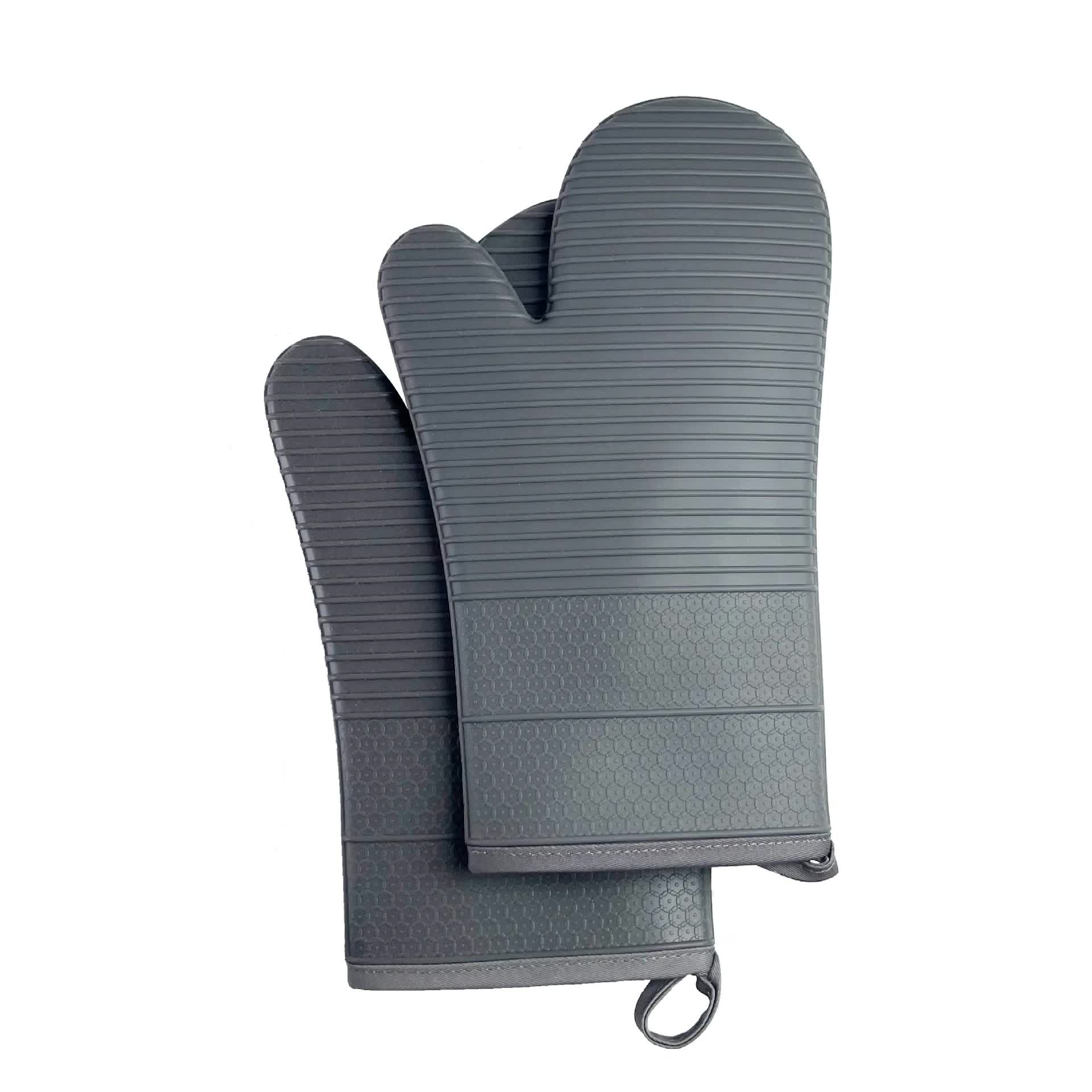 Grey Premium Heat Resistant Silicone Oven Mitts (Pair) - Non-Slip Grip, Cotton Lined for Kitchen Baking, V888-ELOSUNG32724