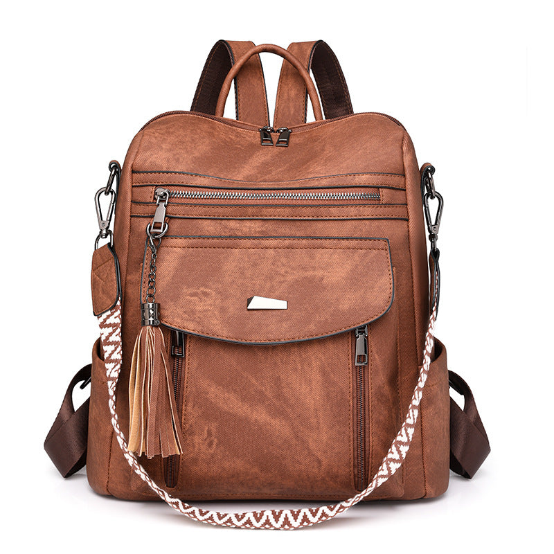 Brown Chic Women's PU Leather Convertible Backpack - Anti-Theft Design, Multi-Pocket Shoulder Bag with Tassel V888-ELOSUNG32728