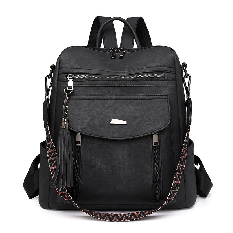 Black Chic Women's PU Leather Convertible Backpack - Anti-Theft Design, Multi-Pocket Shoulder Bag with Tassel V888-ELOSUNG32729