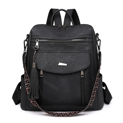 Black Chic Women's PU Leather Convertible Backpack - Anti-Theft Design, Multi-Pocket Shoulder Bag with Tassel V888-ELOSUNG32729