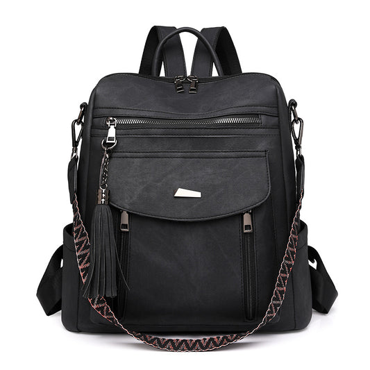 Black Chic Women's PU Leather Convertible Backpack - Anti-Theft Design, Multi-Pocket Shoulder Bag with Tassel V888-ELOSUNG32729