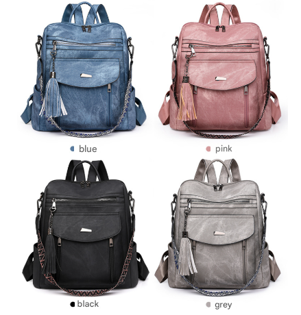 Black Chic Women's PU Leather Convertible Backpack - Anti-Theft Design, Multi-Pocket Shoulder Bag with Tassel V888-ELOSUNG32729