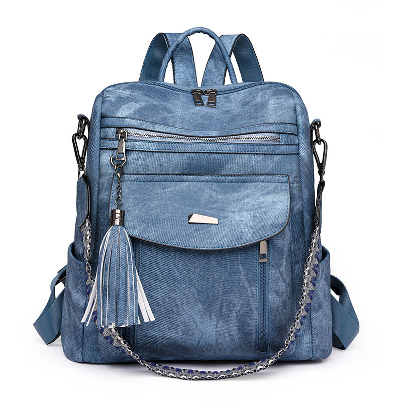 Blue Chic Women's PU Leather Convertible Backpack - Anti-Theft Design, Multi-Pocket Shoulder Bag with Tassel V888-ELOSUNG32730