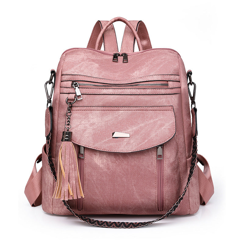 Pink Chic Women's PU Leather Convertible Backpack - Anti-Theft Design, Multi-Pocket Shoulder Bag with Tassel V888-ELOSUNG32731