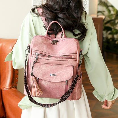 Pink Chic Women's PU Leather Convertible Backpack - Anti-Theft Design, Multi-Pocket Shoulder Bag with Tassel V888-ELOSUNG32731