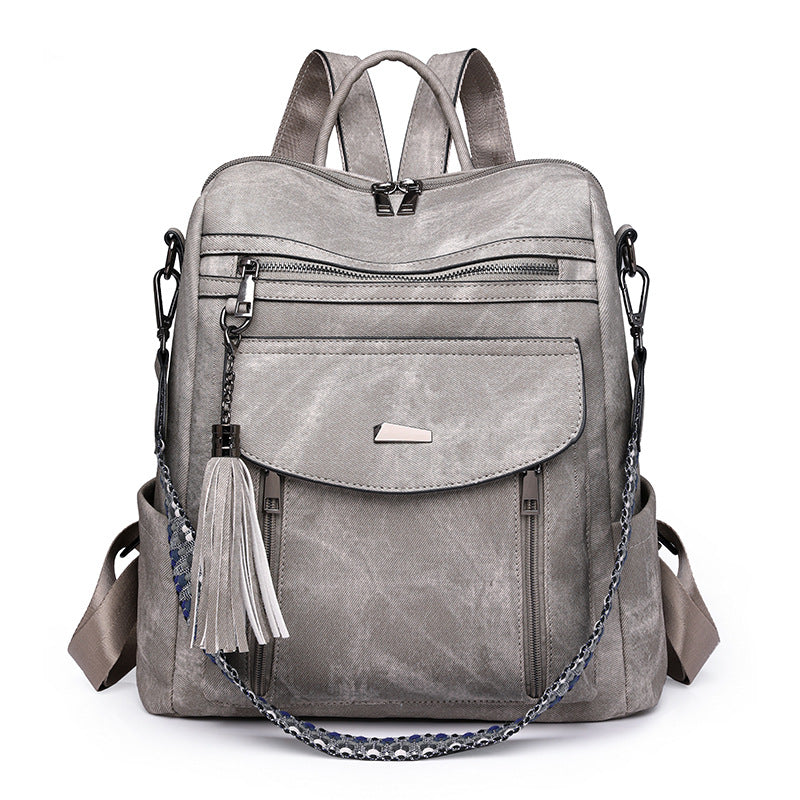 Grey Chic Women's PU Leather Convertible Backpack - Anti-Theft Design, Multi-Pocket Shoulder Bag with Tassel V888-ELOSUNG32732