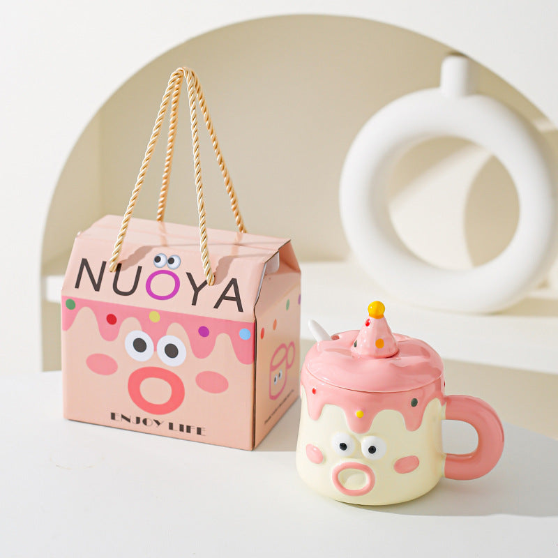 Pink Adorable Cartoon Character Ceramic Mug Set - 420ml with Fun Cake Design Lid & Matching Spoon - Perfect V888-ELOSUNG32739