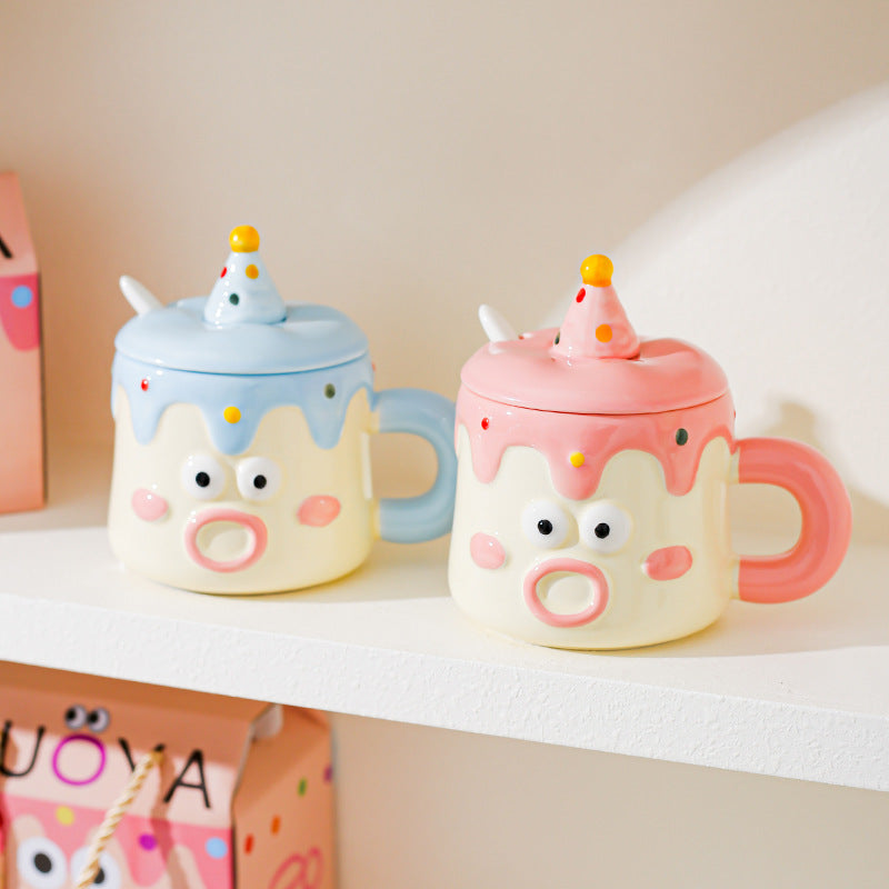 Pink Adorable Cartoon Character Ceramic Mug Set - 420ml with Fun Cake Design Lid & Matching Spoon - Perfect V888-ELOSUNG32739