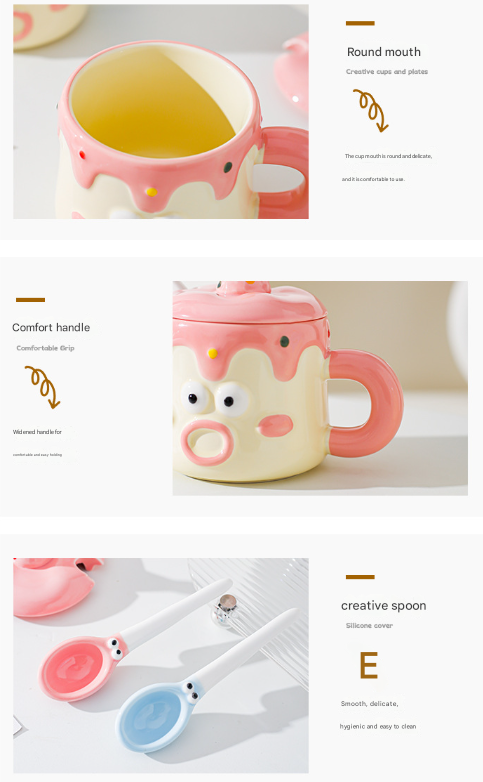 Pink Adorable Cartoon Character Ceramic Mug Set - 420ml with Fun Cake Design Lid & Matching Spoon - Perfect V888-ELOSUNG32739