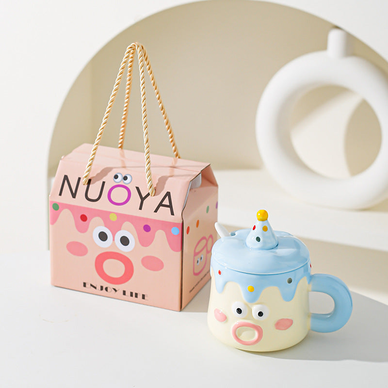 Blue Adorable Cartoon Character Ceramic Mug Set - 420ml with Fun Cake Design Lid & Matching Spoon - Perfect V888-ELOSUNG32740