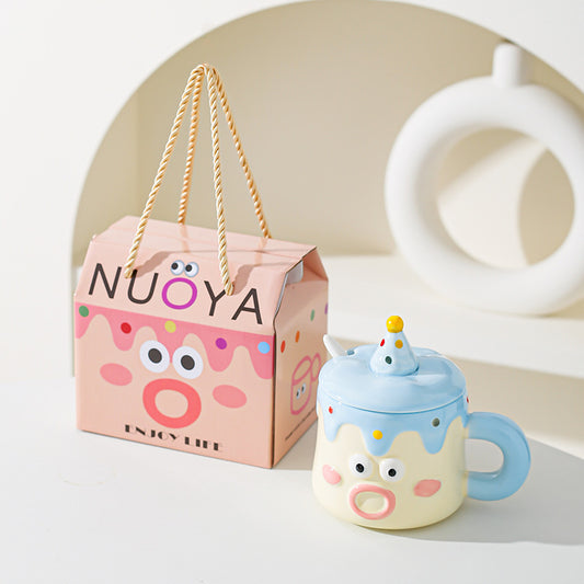 Blue Adorable Cartoon Character Ceramic Mug Set - 420ml with Fun Cake Design Lid & Matching Spoon - Perfect V888-ELOSUNG32740