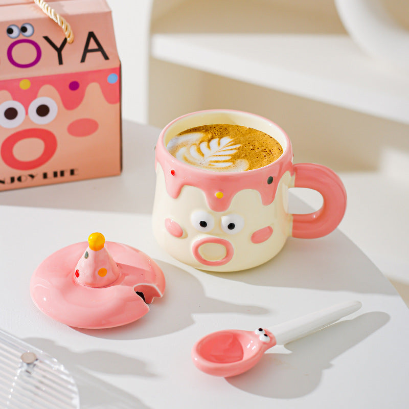Blue Adorable Cartoon Character Ceramic Mug Set - 420ml with Fun Cake Design Lid & Matching Spoon - Perfect V888-ELOSUNG32740