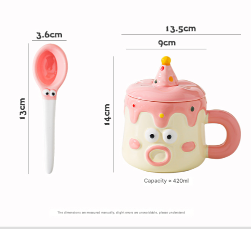 Blue Adorable Cartoon Character Ceramic Mug Set - 420ml with Fun Cake Design Lid & Matching Spoon - Perfect V888-ELOSUNG32740