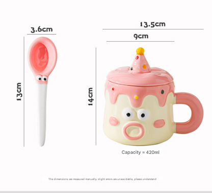 Blue Adorable Cartoon Character Ceramic Mug Set - 420ml with Fun Cake Design Lid & Matching Spoon - Perfect V888-ELOSUNG32740