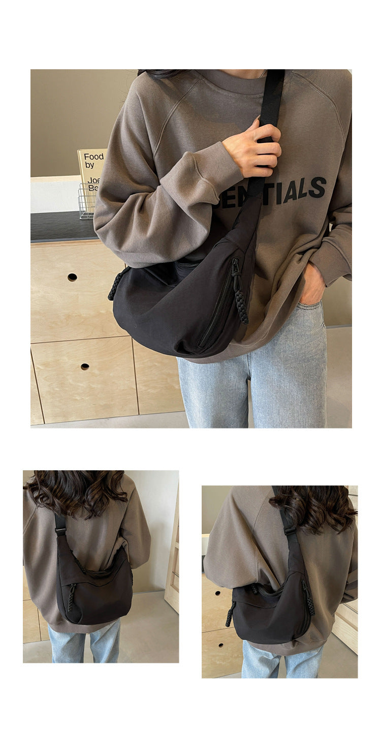 Black Large Nylon Crescent Crossbody Bag - Casual Slouchy Shoulder Purse V888-ELOSUNG32799