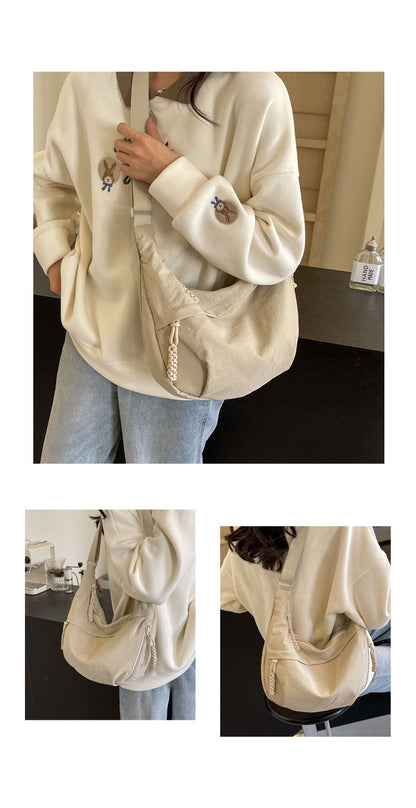 Beige Large Nylon Crescent Crossbody Bag - Casual Slouchy Shoulder Purse V888-ELOSUNG32800