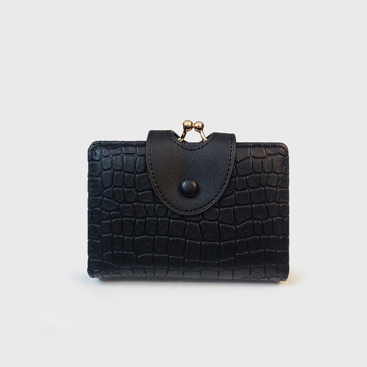 Black Elegant Croc Embossed Womens Wallet - Short PU Leather Bifold with Removable Kisslock Coin Purse & Card V888-ELOSUNG328020